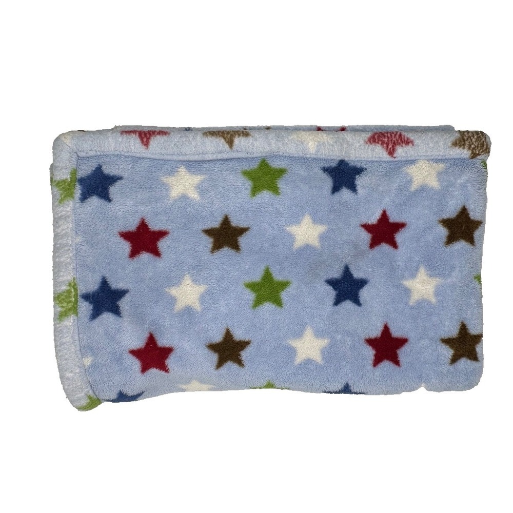 Tiddliwinks baby blanket Blue Stars Soft Fleece Green Red White